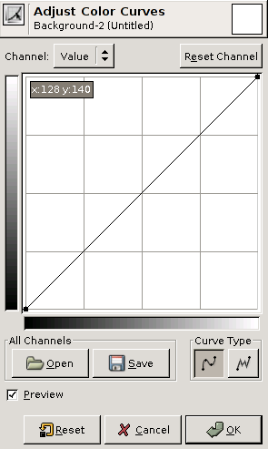 KAPITOLA 7. PANEL NÁSTROJŮ 7.5. NÁSTROJE BAREV Obrázek 7.27. Curves tool Nástroj Křivky 7.5.4.2. Úprava barevných křivek Kanál Tato volba nabízí pět možností: Jas, Červená, Zelená, Modrá a Alfa.