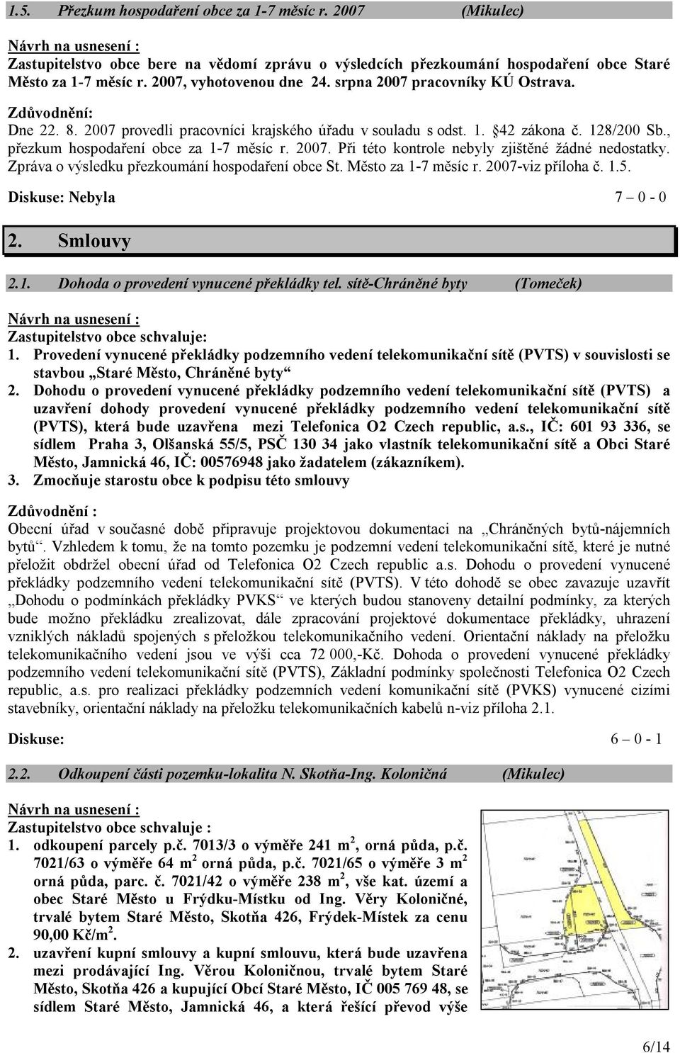 Zpráva o výsledku přezkoumání hospodaření obce St. Město za 1-7 měsíc r. 2007-viz příloha č. 1.5. 2. Smlouvy 2.1. Dohoda o provedení vynucené překládky tel. sítě-chráněné byty (Tomeček) 1.