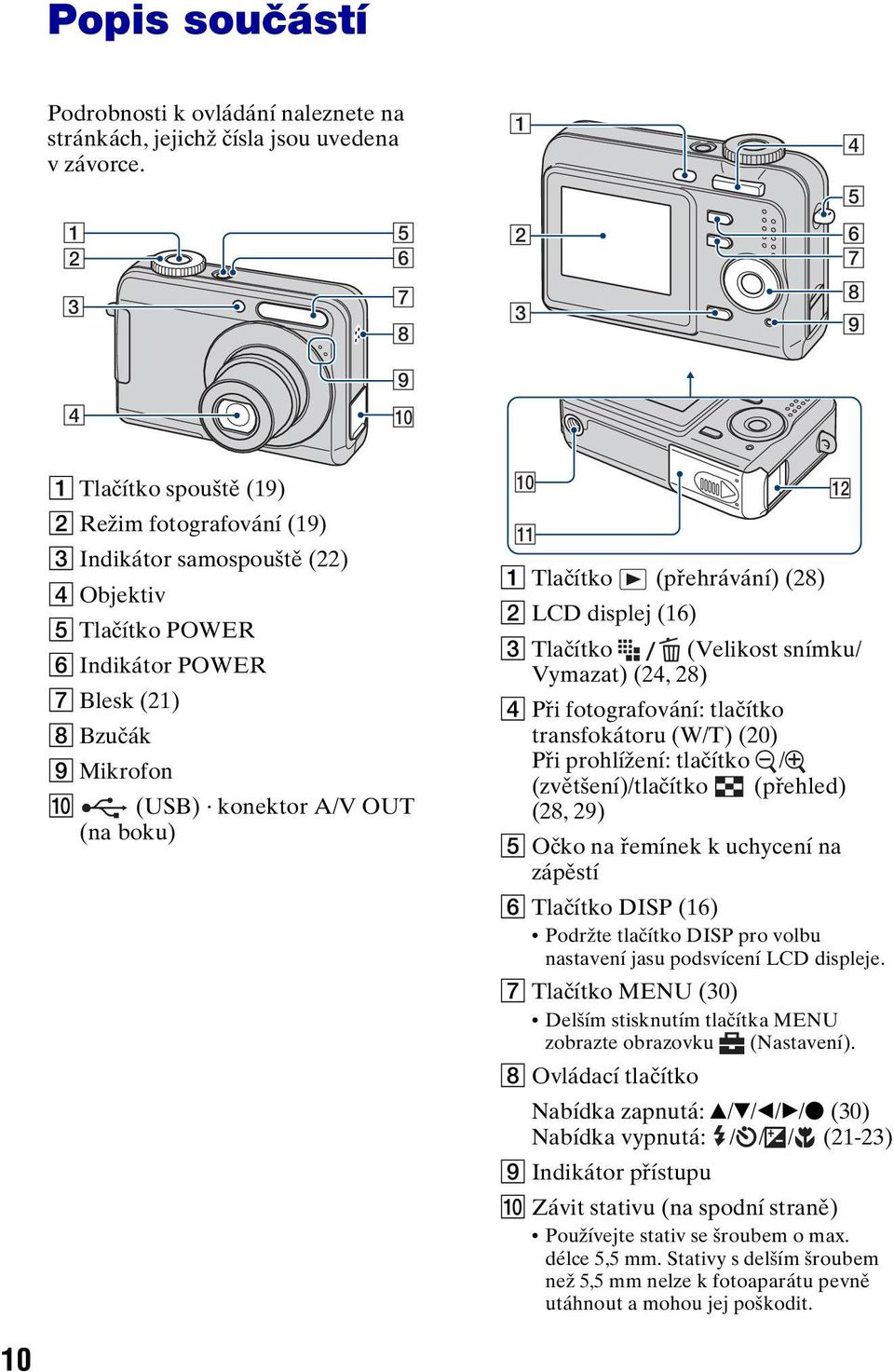 (USB) konektor A/V OUT (na boku) 0 qa qs A Tlačítko (přehrávání) (28) B LCD displej (16) C Tlačítko (Velikost snímku/ Vymazat) (24, 28) D Při fotografování: tlačítko transfokátoru (W/T) (20) Při