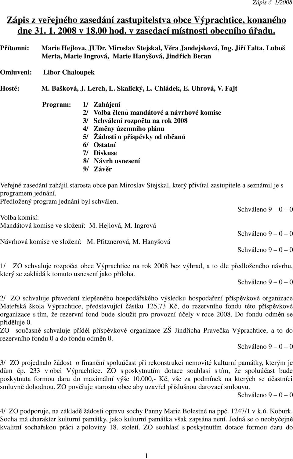 Fajt Program: 1/ Zahájení 2/ Volba členů mandátové a návrhové komise 3/ Schválení rozpočtu na rok 2008 4/ Změny územního plánu 5/ Žádosti o příspěvky od občanů 6/ Ostatní 7/ Diskuse 8/ Návrh usnesení