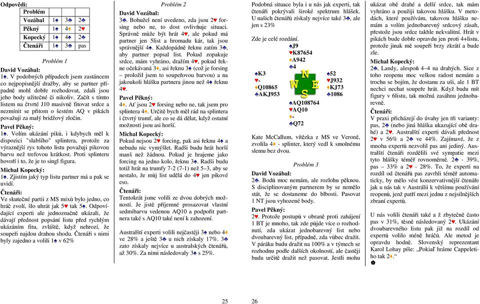 Začít s tímto listem na čtvrté J10 masivně fitovat srdce a nezmínit se přitom o šestém AQ v pikách považuji za malý bridžový zločin. Pavel Pěkný: 1.