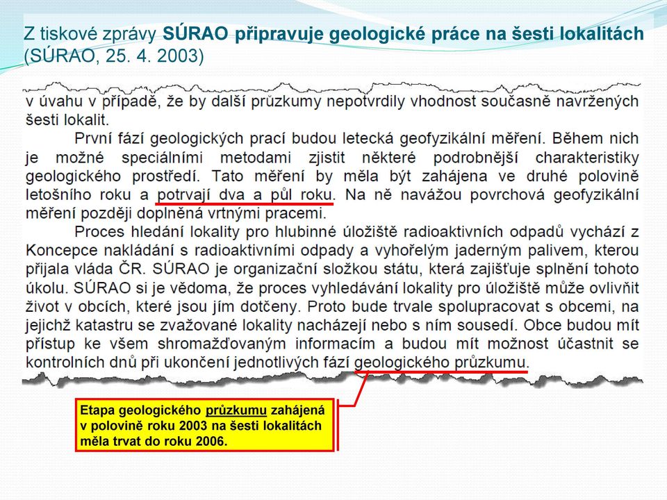 2003) Etapa geologického průzkumu zahájená v