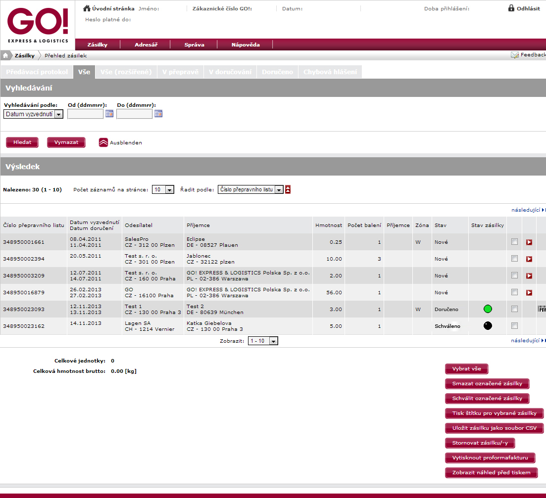 5.1 Přehled zásilek pro vytištění přepravního listu