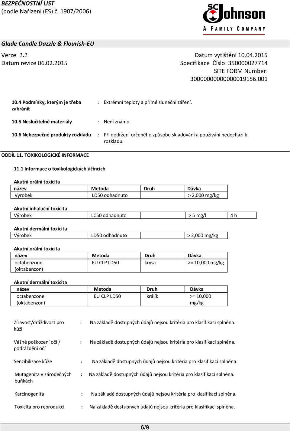 1 Informace o toxikologických účincích Akutní orální toxicita název Metoda Druh Dávka Výrobek LD50 odhadnuto > 2,000 mg/kg Akutní inhalační toxicita Výrobek LC50 odhadnuto > 5 mg/l 4 h Akutní