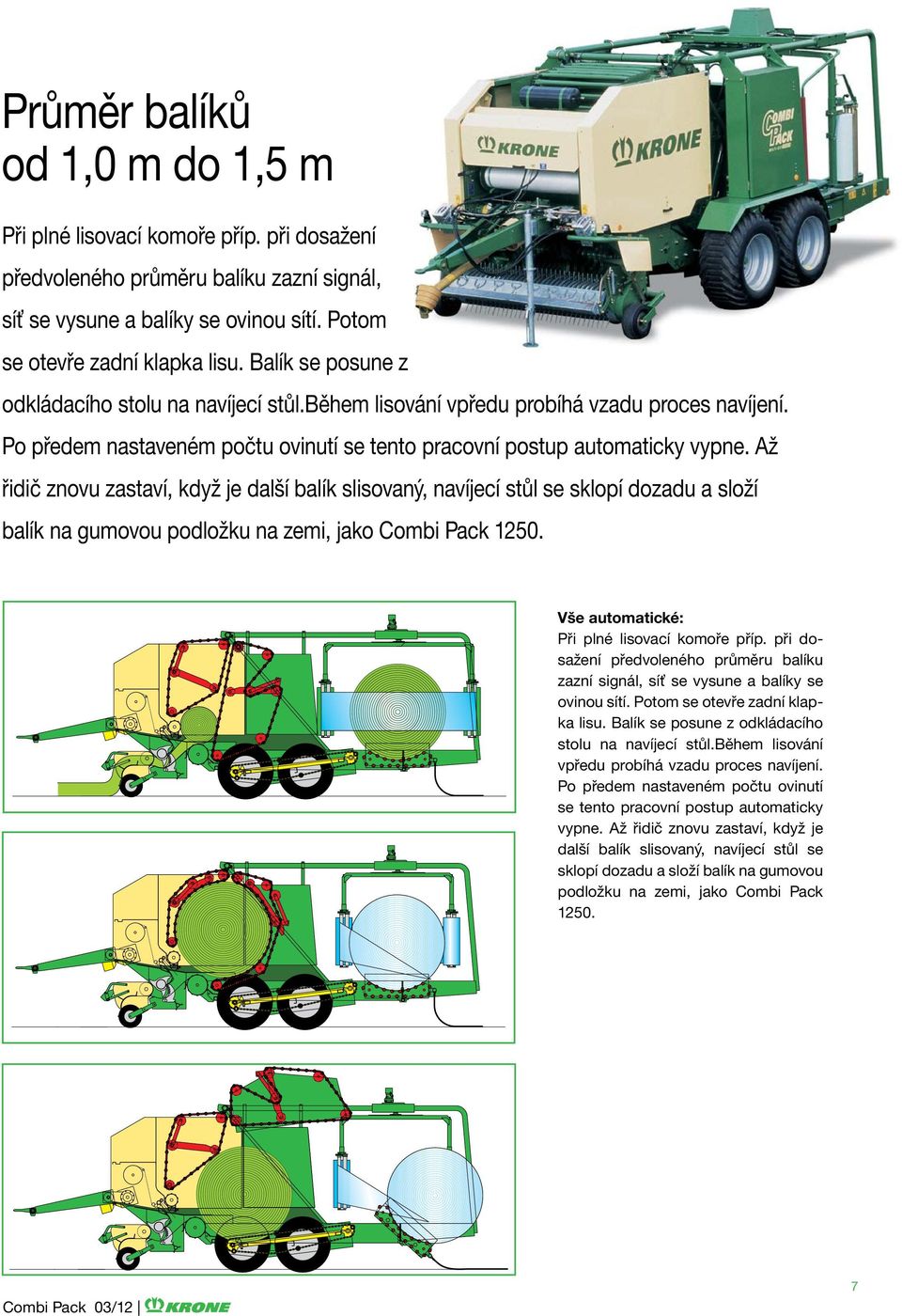 Až řidič znovu zastaví, když je další balík slisovaný, navíjecí stůl se sklopí dozadu a složí balík na gumovou podložku na zemi, jako Combi Pack 1250. Vše automatické: Při plné lisovací komoře příp.