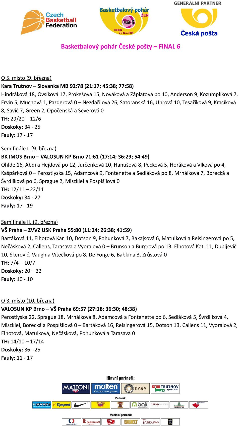 Nezdařilová 26, Satoranská 16, Uhrová 10, Tesaříková 9, Kracíková 8, Savić 7, Green 2, Opočenská a Severová 0 TH: 29/20 12/6 Doskoky: 34-25 Fauly: 17-17 Semifinále I. (9.