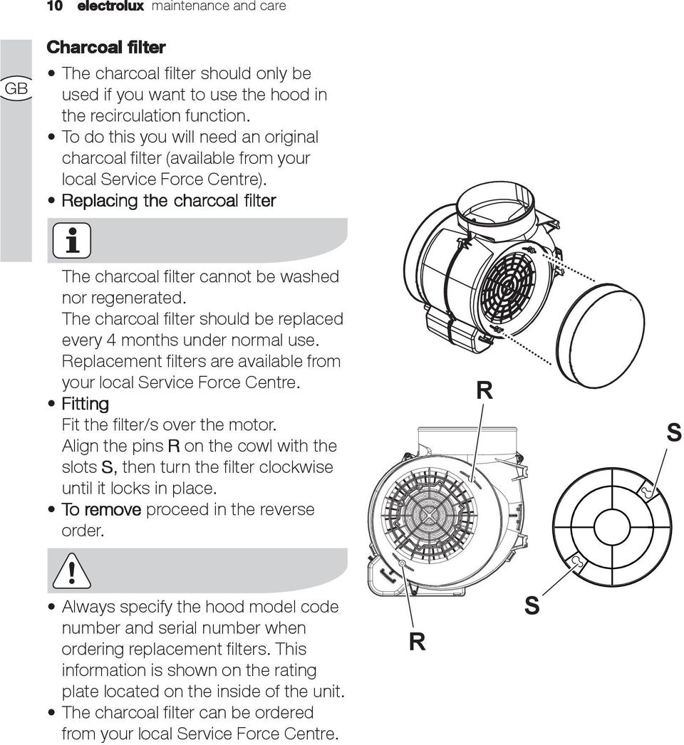 The charcoal filter should be replaced every 4 months under normal use. Replacement filters are available from your local Service Force Centre. Fitting Fit the filter/s over the motor.