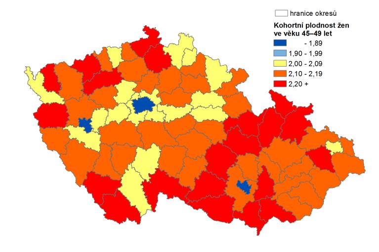 Kohortní plodnost podle okresů Kohortní plodnost žen ve věku 45 49 let