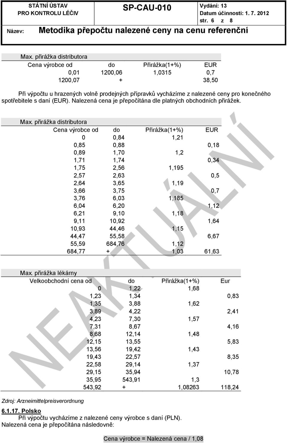 Cena výrobce od do Přirážka(1+%) EUR 0 0,84 1,21 0,85 0,88 0,18 0,89 1,70 1,2 1,71 1,74 0,34 1,75 2,56 1,195 2,57 2,63 0,5 2,64 3,65 1,19 3,66 3,75 0,7 3,76 6,03 1,185 6,04 6,20 1,12 6,21 9,10 1,18