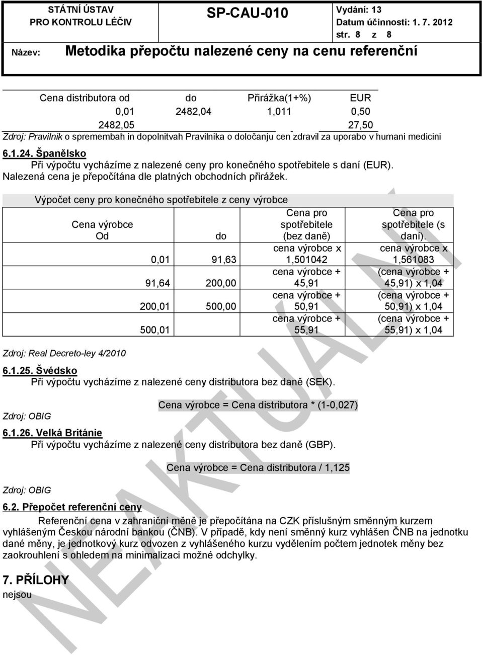 Výpočet ceny pro konečného spotřebitele z ceny výrobce Cena výrobce Od do 0,01 91,63 91,64 200,00 200,01 500,00 500,01 Cena pro spotřebitele (bez daně) cena výrobce x 1,501042 cena výrobce + 45,91