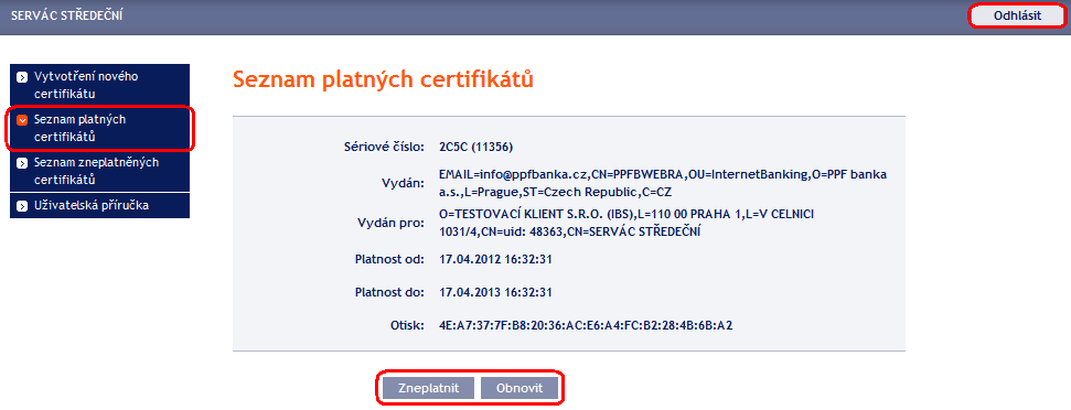 Certifikační centrum vygeneruje a zobrazí Certifikát.!!! POZOR!