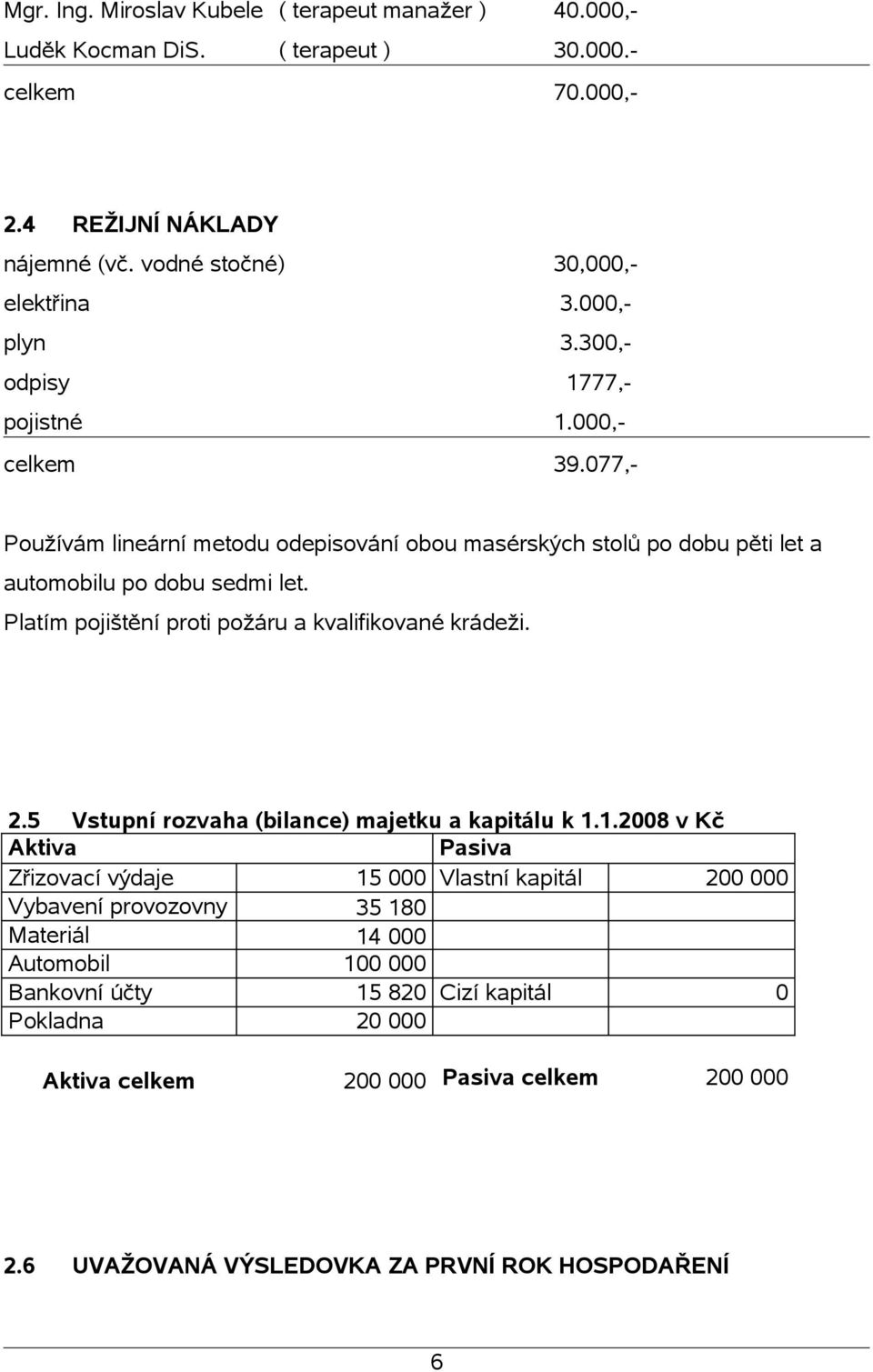 Platím pojištění proti požáru a kvalifikované krádeži. 2.5 Vstupní rozvaha (bilance) majetku a kapitálu k 1.