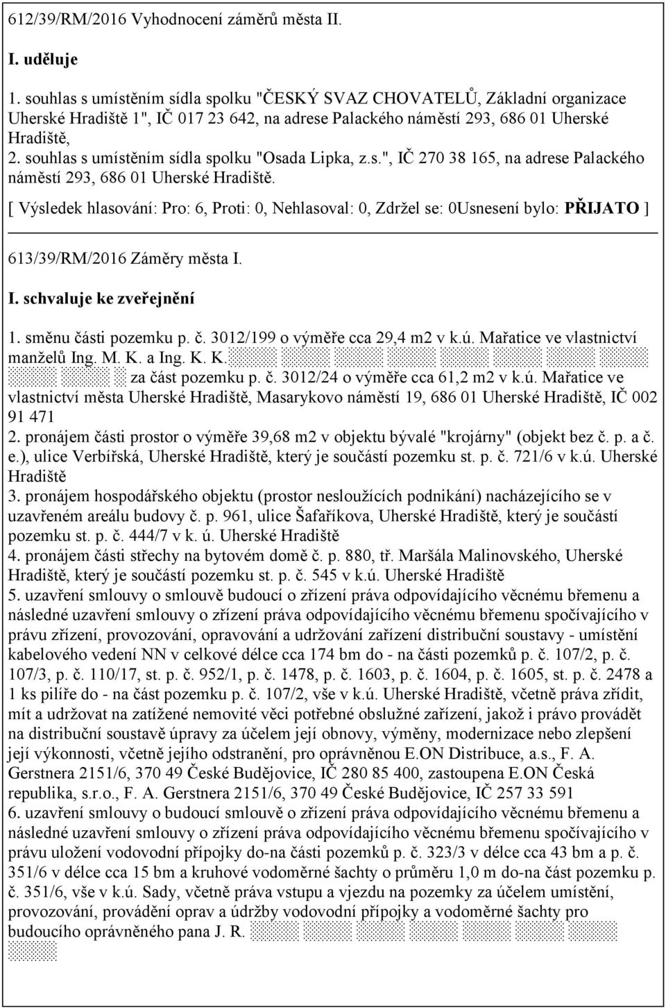 souhlas s umístěním sídla spolku "Osada Lipka, z.s.", IČ 270 38 165, na adrese Palackého náměstí 293, 686 01 Uherské Hradiště. 613/39/RM/2016 Záměry města I. ke zveřejnění 1. směnu čá