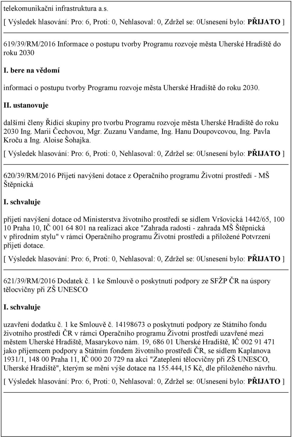 ustanovuje dalšími členy Řídící skupiny pro tvorbu Programu rozvoje města Uherské Hradiště do roku 2030 Ing. Marii Čechovou, Mgr. Zuzanu Vandame, Ing. Hanu Doupovcovou, Ing. Pavla Kroču a Ing.