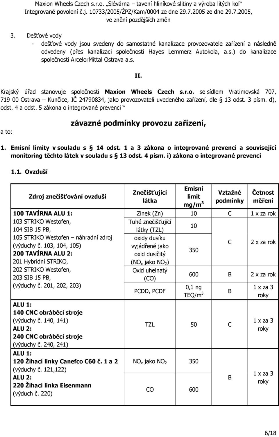 d), odst. 4 a odst. 5 zákona o integrované prevenci a to: závazné podmínky provozu zařízení, 1. Emisní limity v souladu s 14 odst.