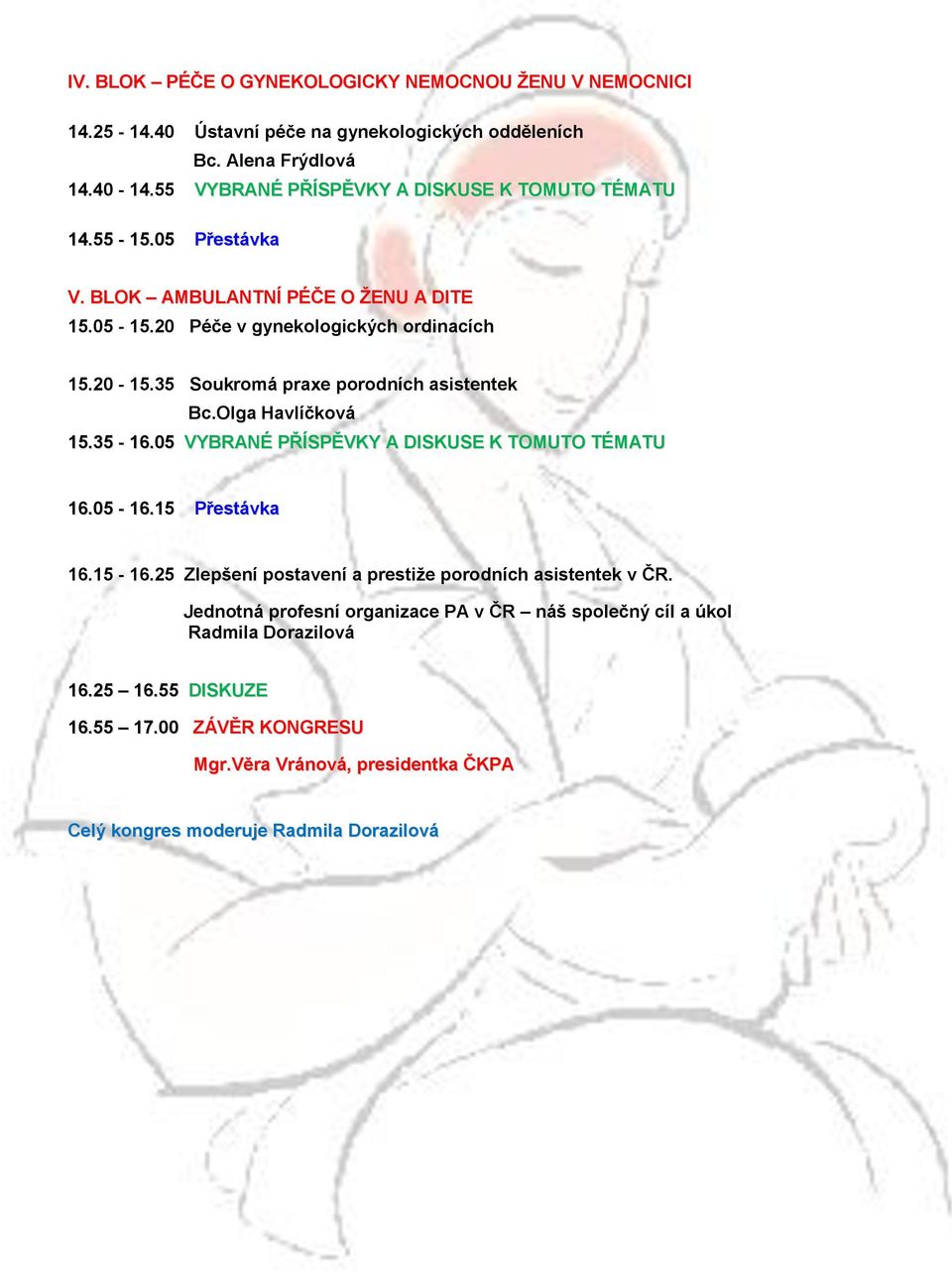 35 Soukromá praxe porodních asistentek Bc.Olga Havlíčková 15.35-16.05 VYBRANÉ PŘÍSPĚVKY A DISKUSE K TOMUTO TÉMATU 16.05-16.15 Přestávka 16.15-16.
