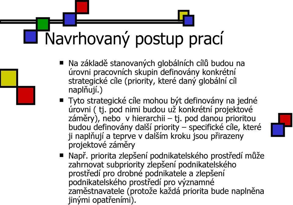 pod danou prioritou budou definovány další priority specifické cíle, které ji naplňují a teprve v dalším kroku jsou přirazeny projektové záměry Např.