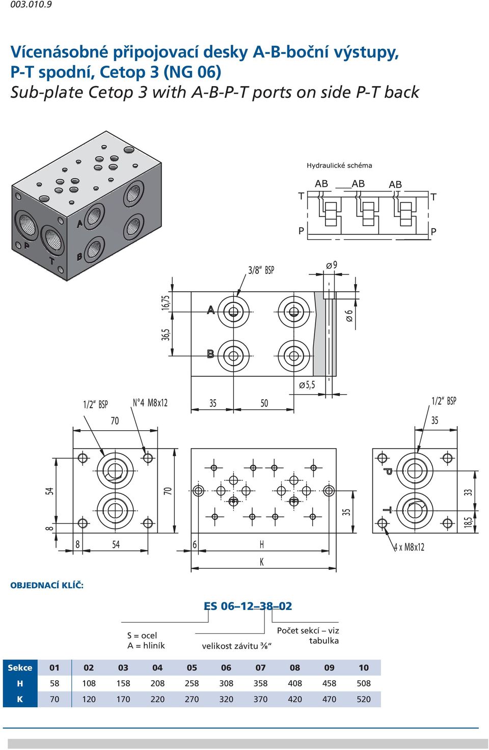 ports on side P-T back ES 06 12 38 02 velikost závitu ⅜ Počet sekcí viz tabulka Sekce 01 02 03 04 05 06 07 08 09