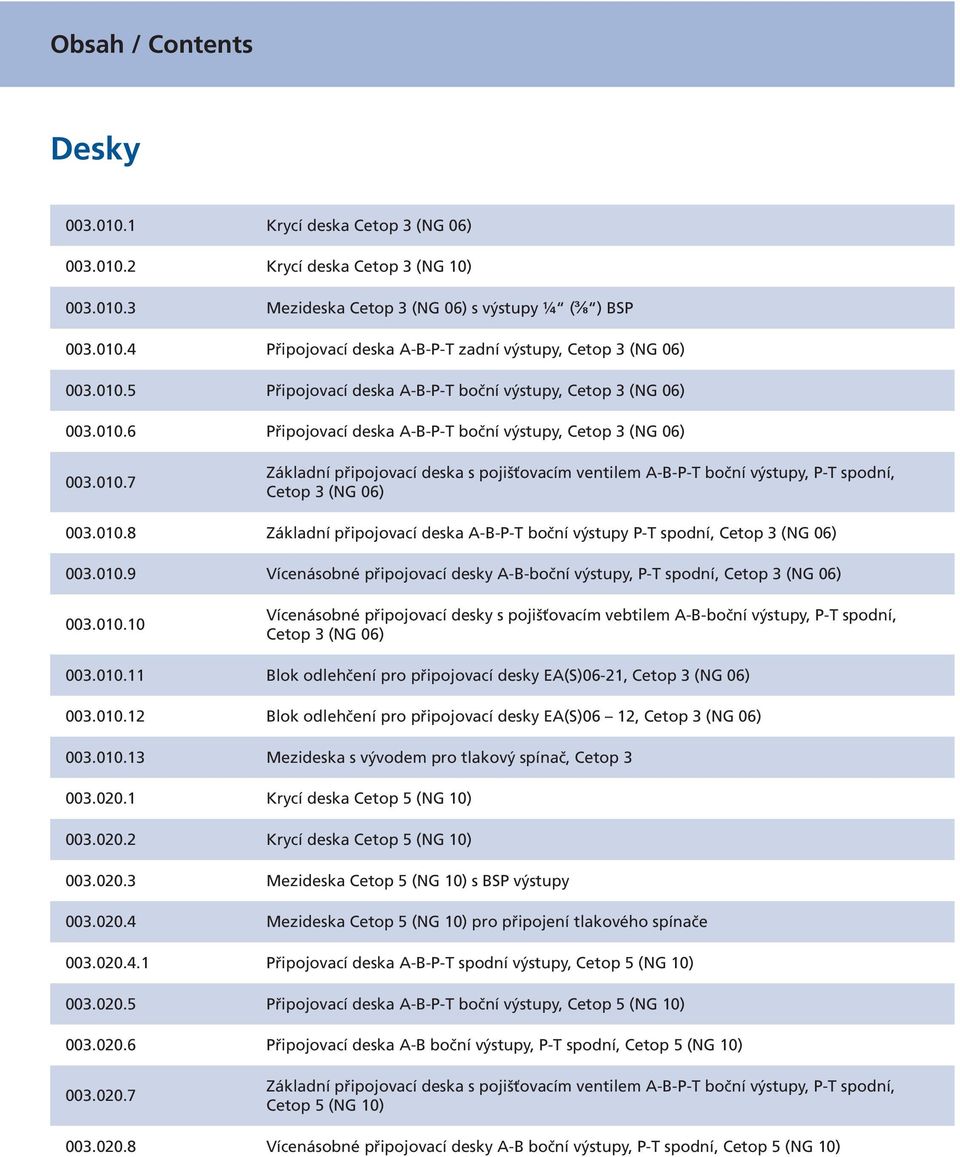 010.8 Základní připojovací deska A-B-P-T boční výstupy P-T spodní, Cetop 3 (NG 06) 003.010.9 Vícenásobné připojovací desky A-B-boční výstupy, P-T spodní, Cetop 3 (NG 06) 003.010.10 Vícenásobné připojovací desky s pojišťovacím vebtilem A-B-boční výstupy, P-T spodní, Cetop 3 (NG 06) 003.