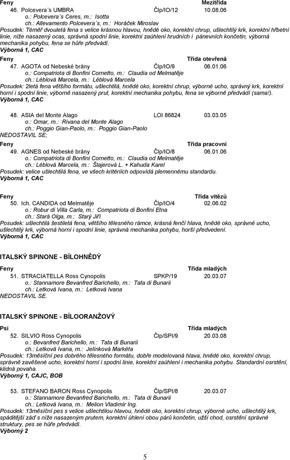 hrudních i pánevních končetin, výborná mechanika pohybu, fena se hůře předvádí. Výborná 1, CAC 47. AGOTA od Nebeské brány Člp/IO/9 06.01.06 o.: Compatriota di Bonfini Cornetto, m.
