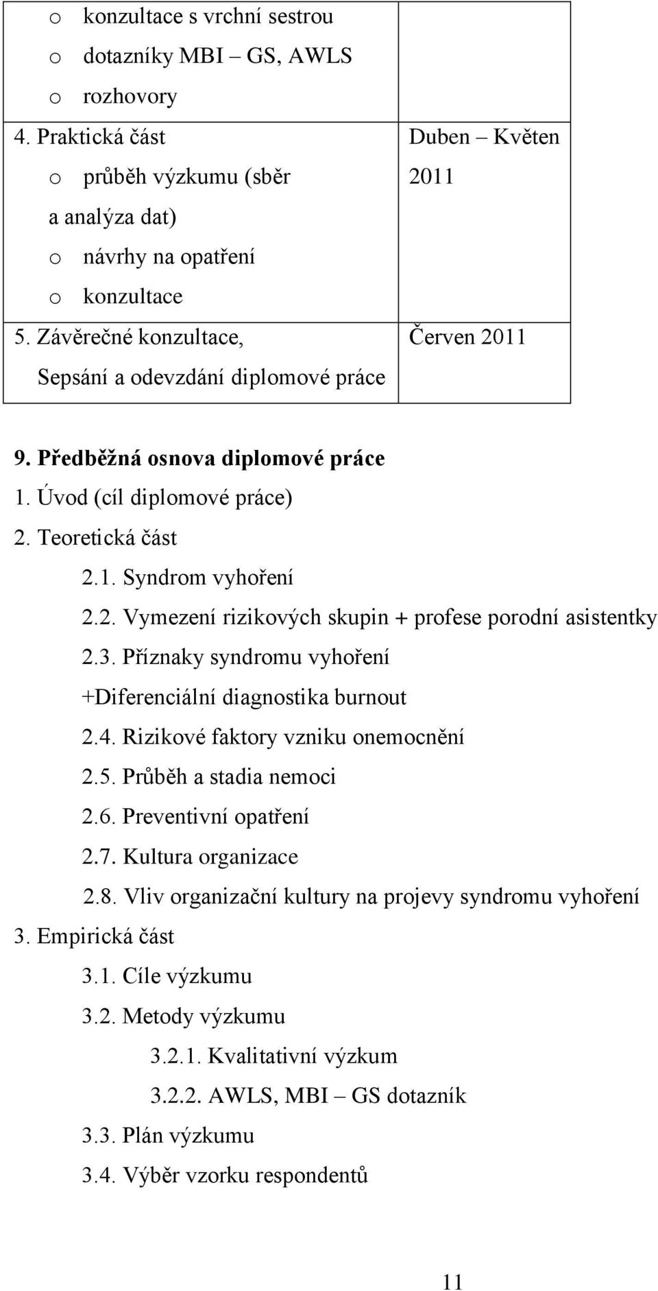 3. Příznaky syndromu vyhoření +Diferenciální diagnostika burnout 2.4. Rizikové faktory vzniku onemocnění 2.5. Průběh a stadia nemoci 2.6. Preventivní opatření 2.7. Kultura organizace 2.8.