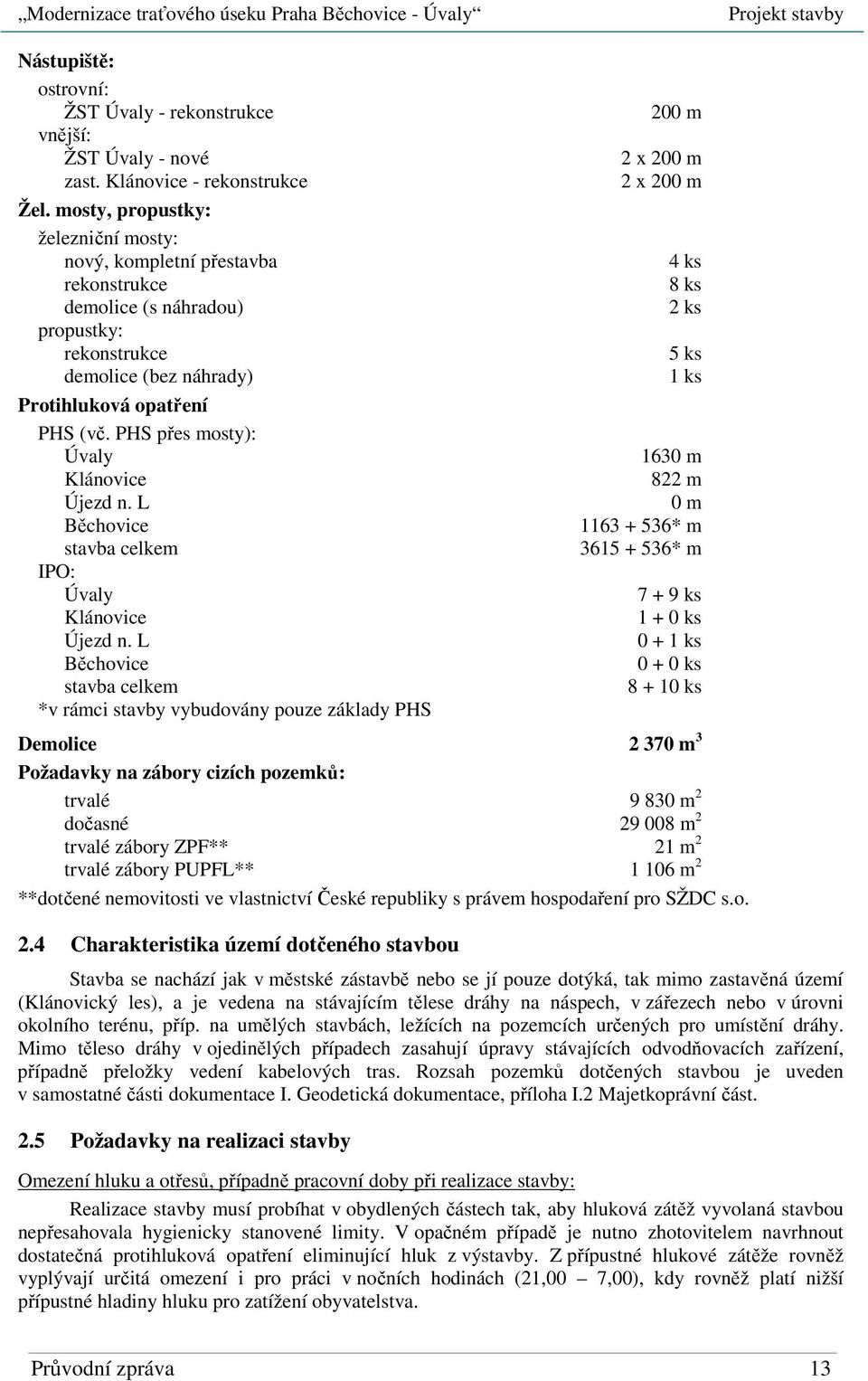 PHS přes mosty): Úvaly Klánovice Újezd n. L Běchovice stavba celkem IPO: Úvaly Klánovice Újezd n.