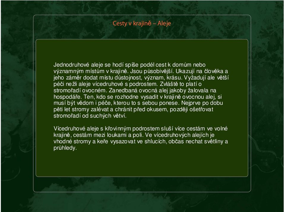 Zanedbaná ovocná alej jakoby žalovala na hospodáře. Ten, kdo se rozhodne vysadit v krajině ovocnou alej, si musí být vědom i péče, kterou to s sebou ponese.