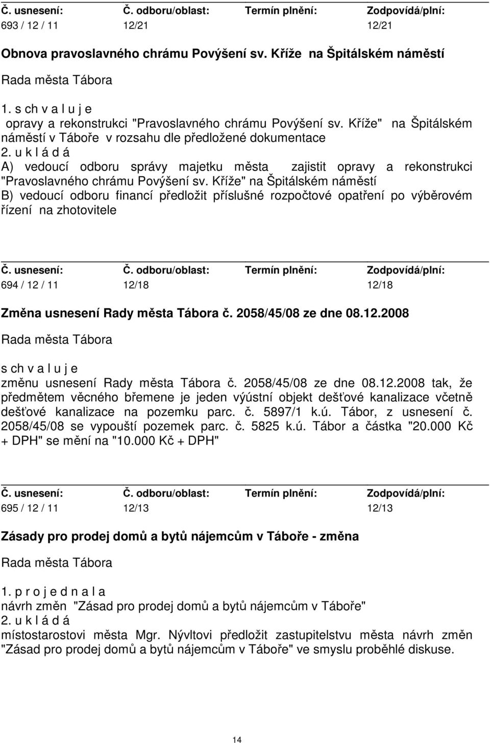 Kříže" na Špitálském náměstí B) vedoucí odboru financí předložit příslušné rozpočtové opatření po výběrovém řízení na zhotovitele 694 / 12 / 11 12/18 12/18 Změna usnesení Rady města Tábora č.