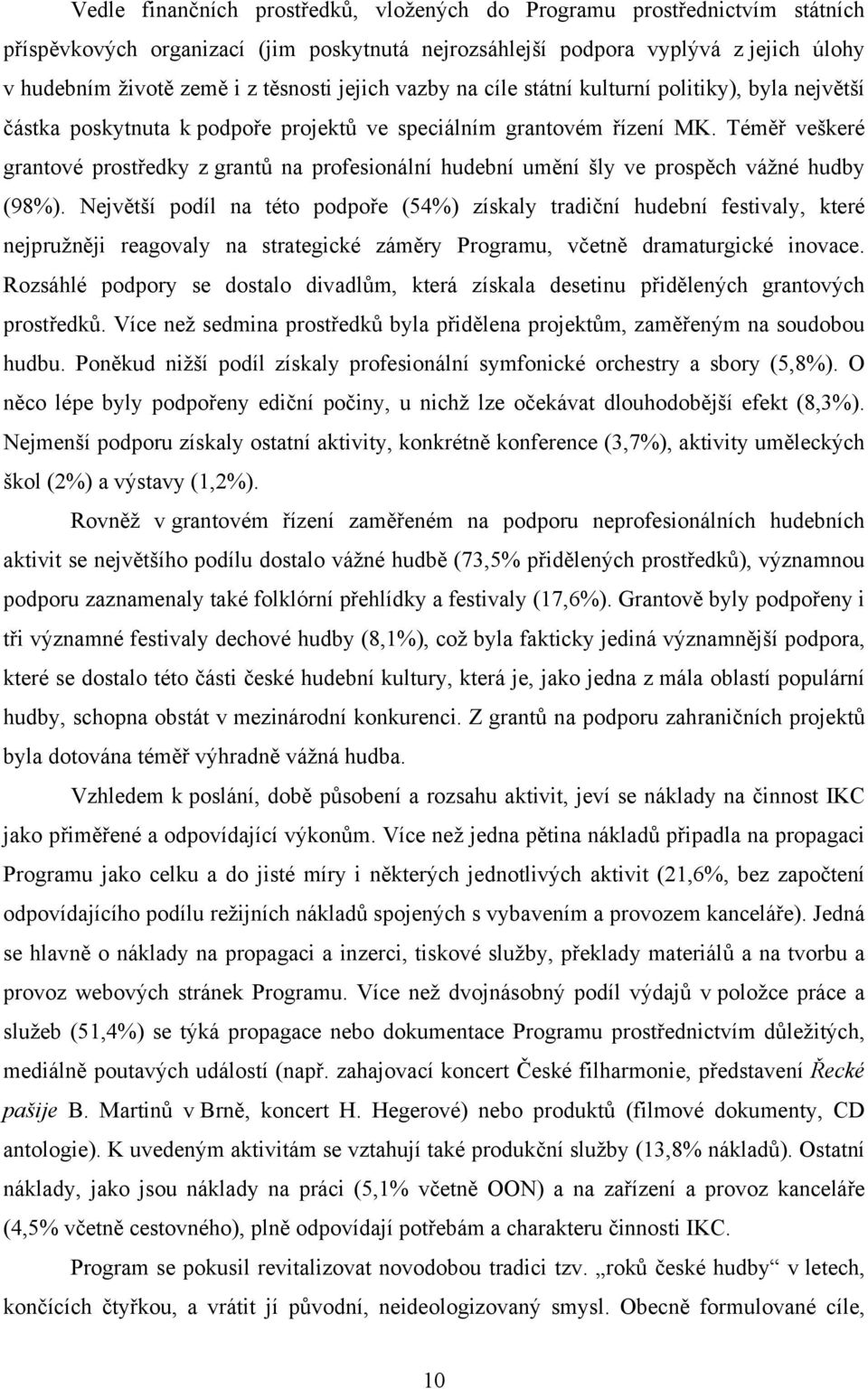 Téměř veškeré grantové prostředky z grantů na profesionální hudební umění šly ve prospěch vážné hudby (98%).