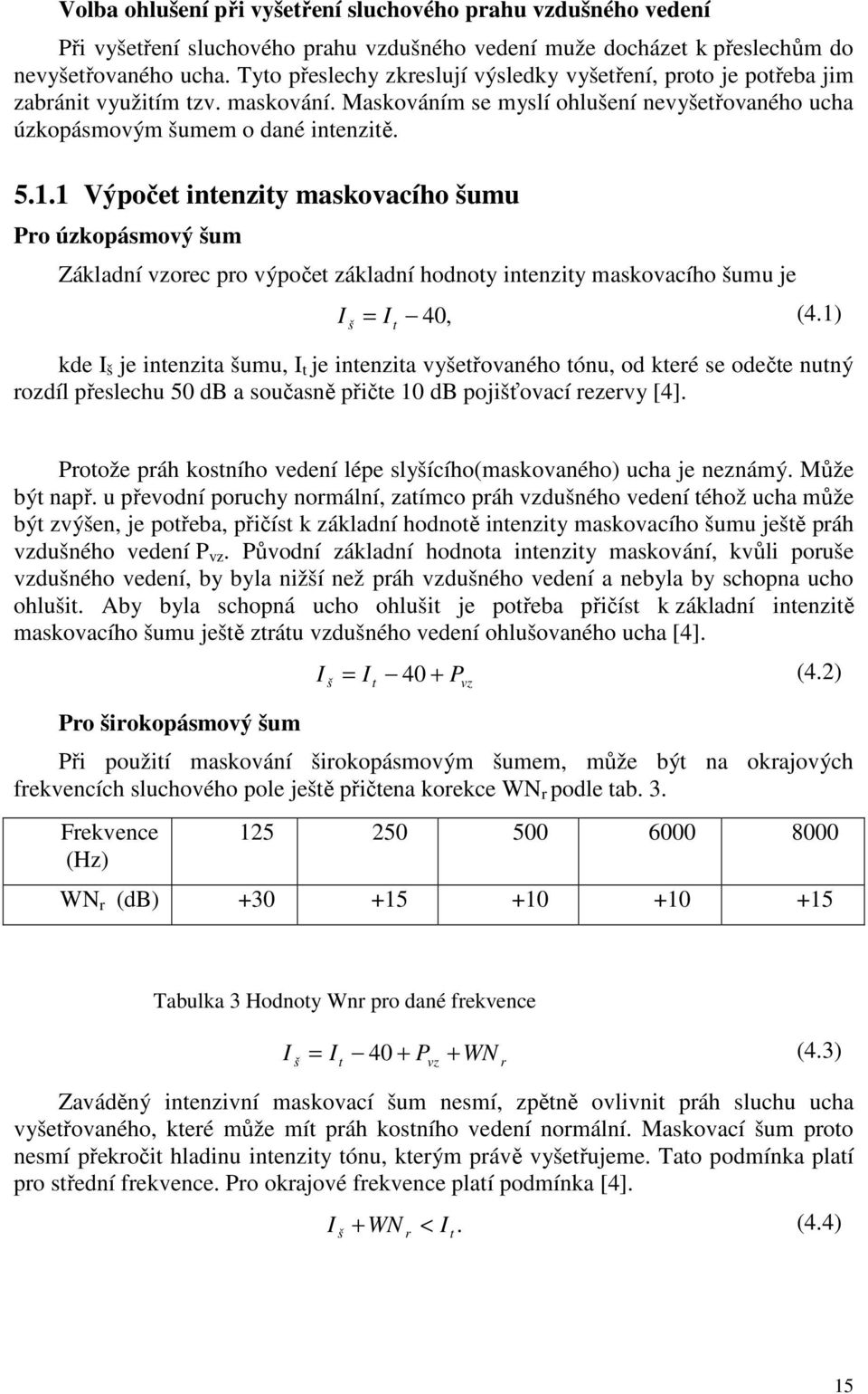 1 Výpočet intenzity maskovacího šumu Pro úzkopásmový šum Základní vzorec pro výpočet základní hodnoty intenzity maskovacího šumu je I I 40, (4.