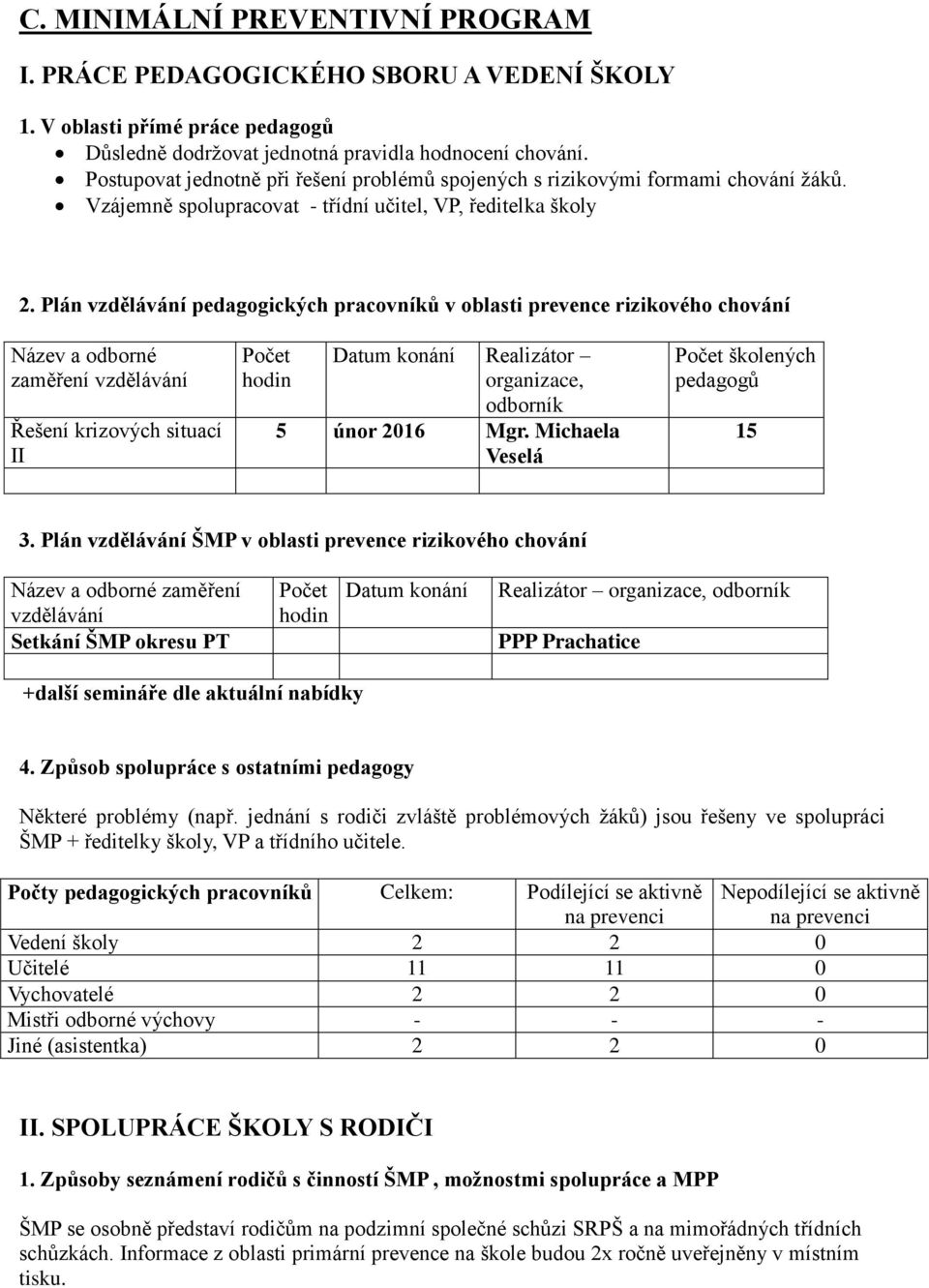 Plán vzdělávání pedagogických pracovníků v oblasti prevence rizikového chování Název a odborné zaměření vzdělávání Řešení krizových situací II Počet hodin Datum konání organizace, odborník 5 únor