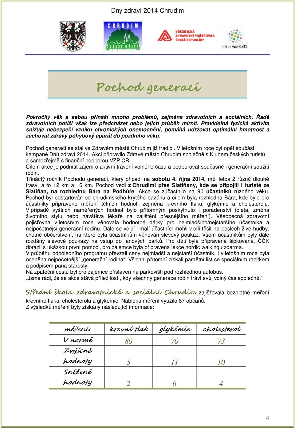 Pochod generací se stal ve Zdravém městě Chrudim již tradicí. V letošním roce byl opět součástí kampaně Dnů zdraví 2014.