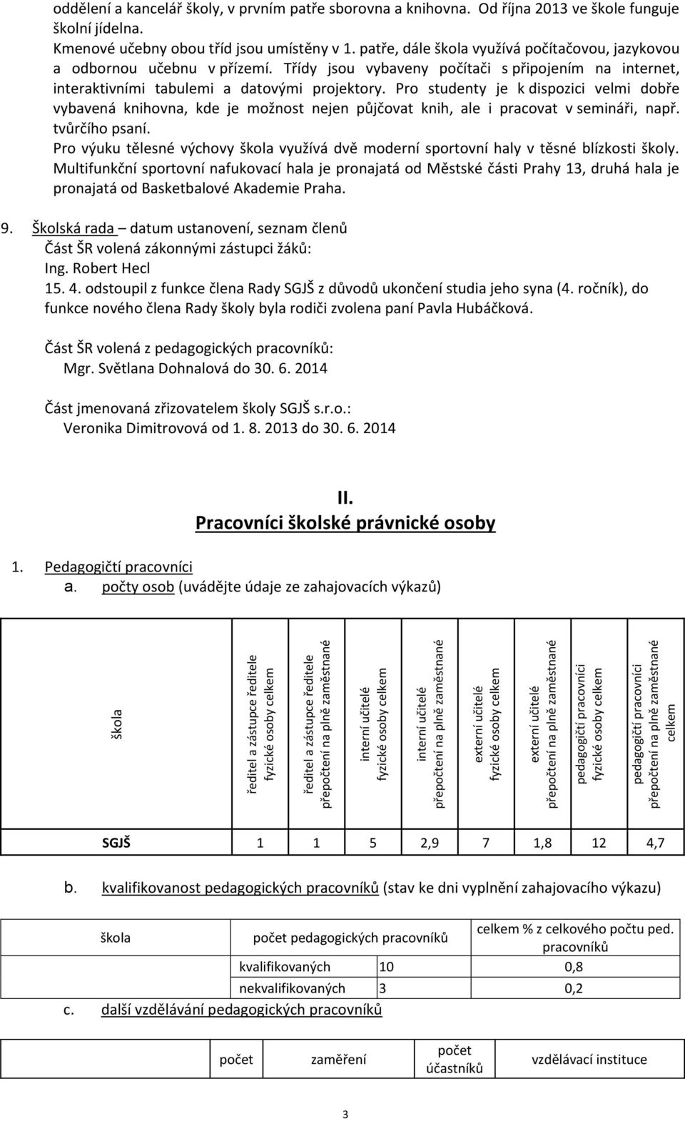 kancelář školy, v prvním patře sborovna a knihovna. Od října 2013 ve škole funguje školní jídelna. Kmenové učebny obou tříd jsou umístěny v 1.