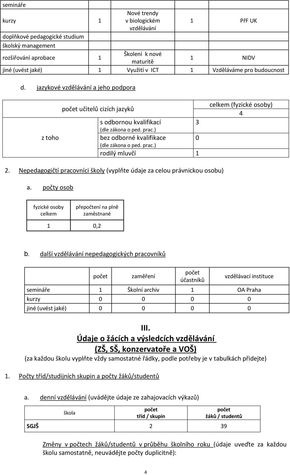 Nepedagogičtí pracovníci školy (vyplňte údaje za celou právnickou osobu) a. počty osob fyzické osoby celkem přepočtení na plně zaměstnané 1 0,2 b.