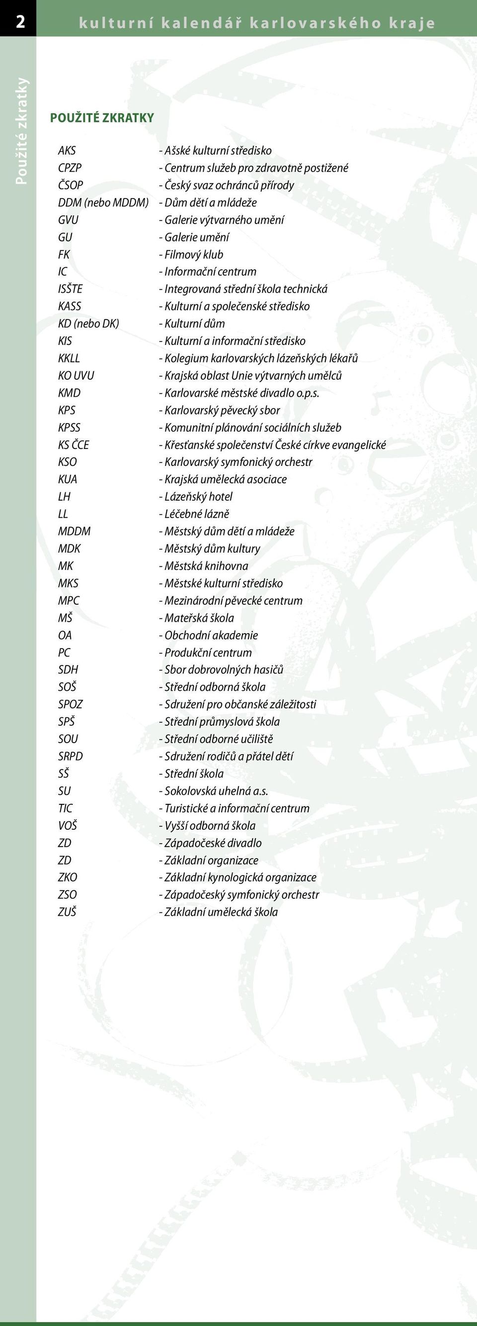 Kulturní a společenské středisko KD (nebo DK) - Kulturní dům KIS - Kulturní a informační středisko KKLL - Kolegium karlovarských lázeňských lékařů KO UVU - Krajská oblast Unie výtvarných umělců KMD -