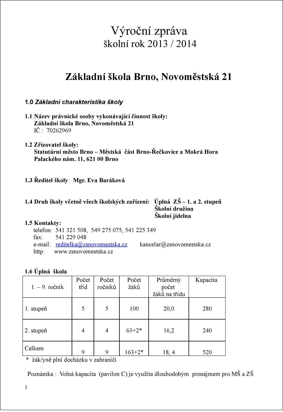 2 Zřizovatel školy: Statutární město Brno Městská část Brno-Řečkovice a Mokrá Hora Palackého nám. 11, 621 00 Brno 1.3 Ředitel školy: Mgr. Eva Baráková 1.