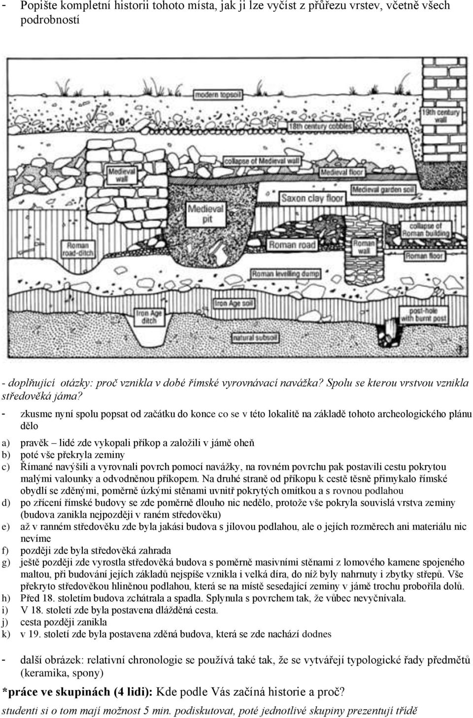 - zkusme nyní spolu popsat od začátku do konce co se v této lokalitě na základě tohoto archeologického plánu dělo a) pravěk lidé zde vykopali příkop a založili v jámě oheň b) poté vše překryla zeminy