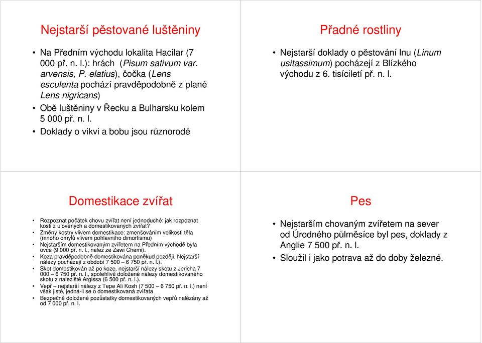 štěniny v Řecku a Bulharsku kolem 5 000 př. n. l. Doklady o vikvi a bobu jsou různorodé Přadné rostliny Nejstarší doklady o pěstování lnu (Linum usitassimum) pocházejí z Blízkého východu z 6.