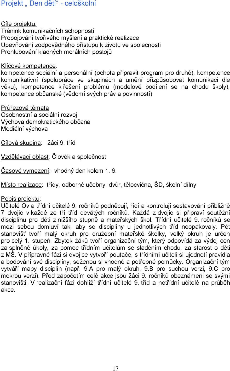 komunikaci dle věku), kompetence k řešení problémů (modelové podílení se na chodu školy), kompetence občanské (vědomí svých práv a povinností) Průřezová témata Osobnostní a sociální rozvoj Výchova