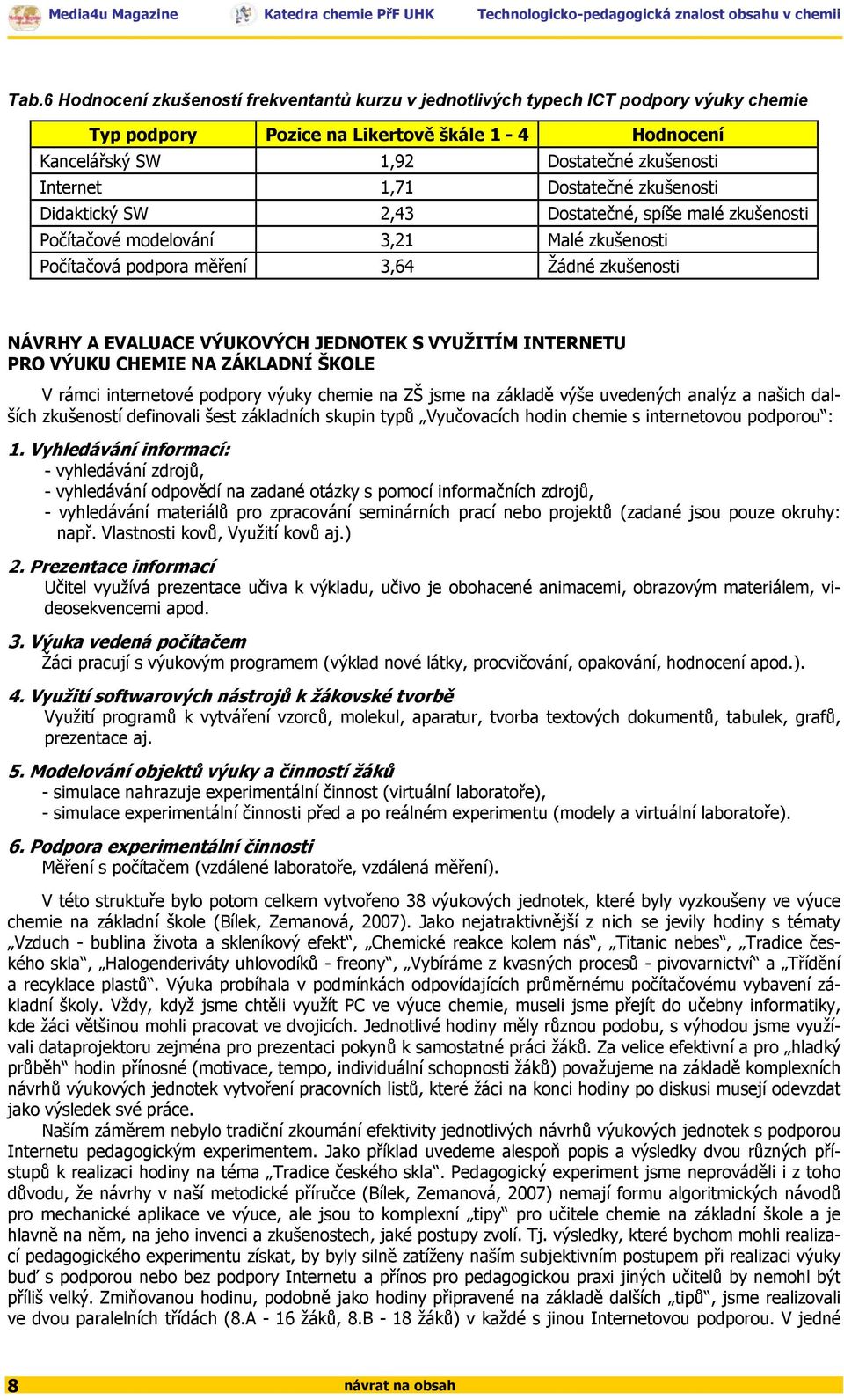 JEDNOTEK S VYUŽITÍM INTERNETU PRO VÝUKU CHEMIE NA ZÁKLADNÍ ŠKOLE V rámci internetové podpory výuky chemie na ZŠ jsme na základě výše uvedených analýz a našich dalších zkušeností definovali šest