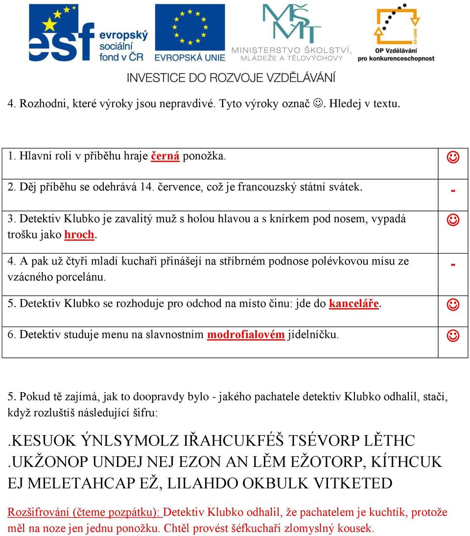 A pak už čtyři mladí kuchaři přinášejí na stříbrném podnose polévkovou mísu ze vzácného porcelánu. - 5. Detektiv Klubko se rozhoduje pro odchod na místo činu: jde do kanceláře. 6.