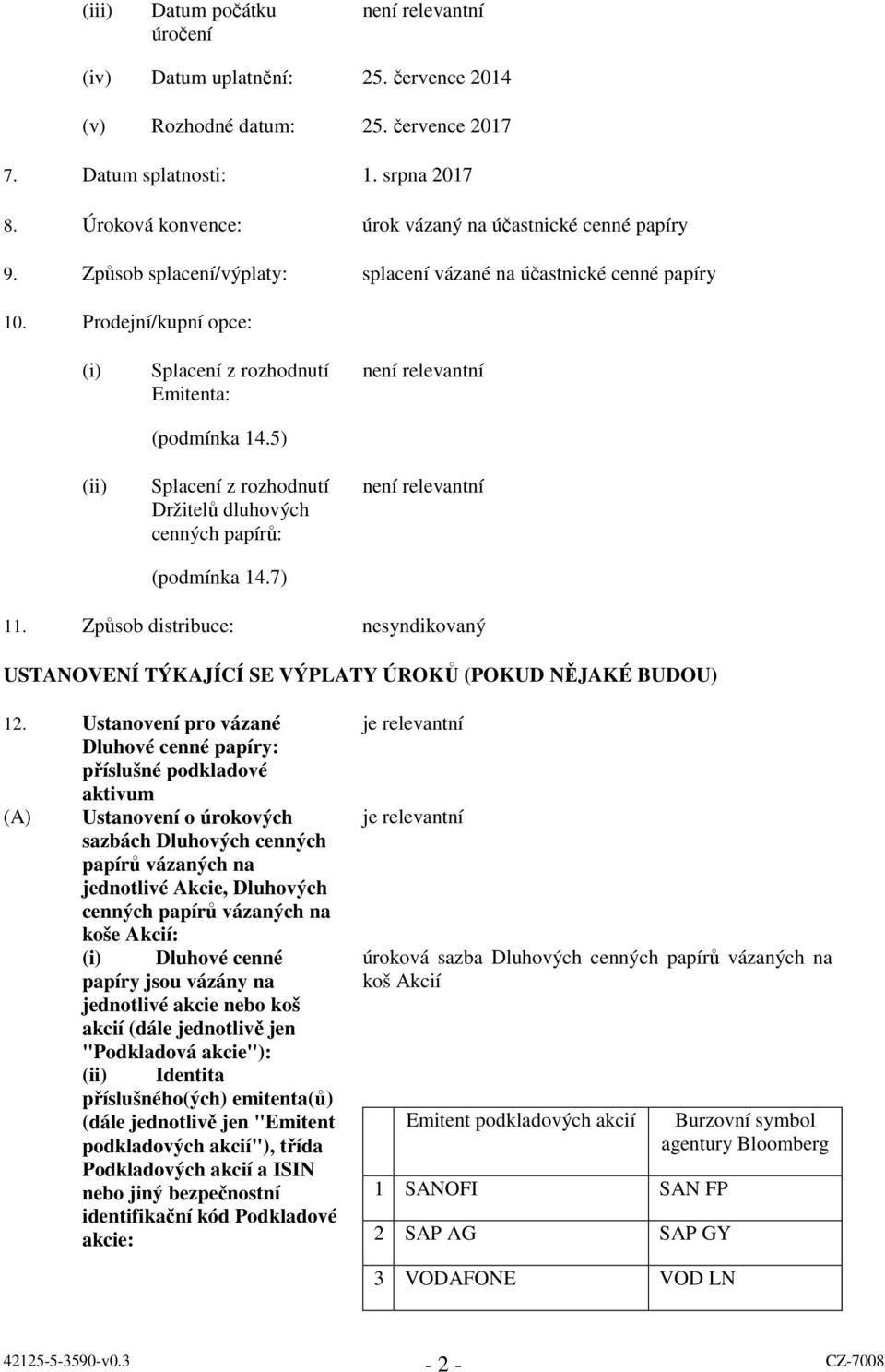 Prodejní/kupní opce: (i) (ii) Splacení z rozhodnutí Emitenta: (podmínka 14.5) Splacení z rozhodnutí Držitelů dluhových cenných papírů: (podmínka 14.7) 11.