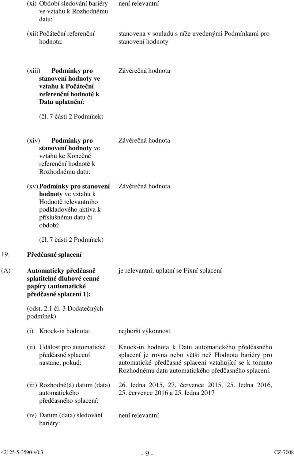 7 části 2 Podmínek) (xiv) Podmínky pro stanovení hodnoty ve vztahu ke Konečné referenční hodnotě k Rozhodnému datu: (xv) Podmínky pro stanovení hodnoty ve vztahu k Hodnotě relevantního podkladového