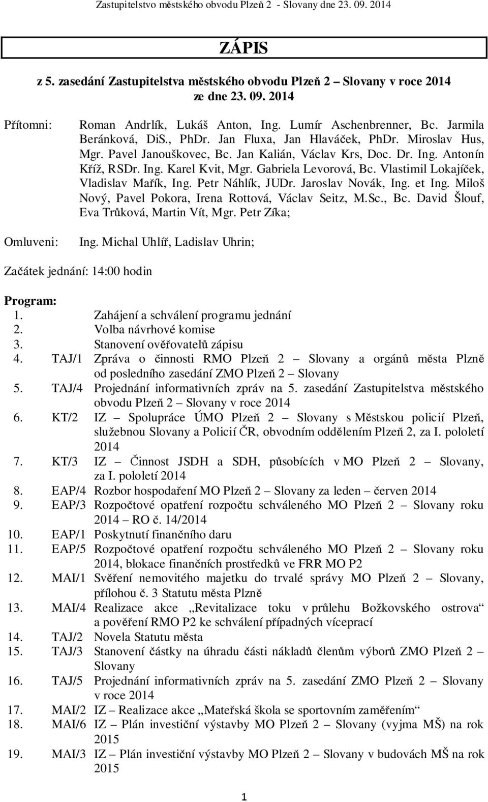 Gabriela Levorová, Bc. Vlastimil Lokajíček, Vladislav Mařík, Ing. Petr Náhlík, JUDr. Jaroslav Novák, Ing. et Ing. Miloš Nový, Pavel Pokora, Irena Rottová, Václav Seitz, M.Sc., Bc. David Šlouf, Eva Trůková, Martin Vít, Mgr.