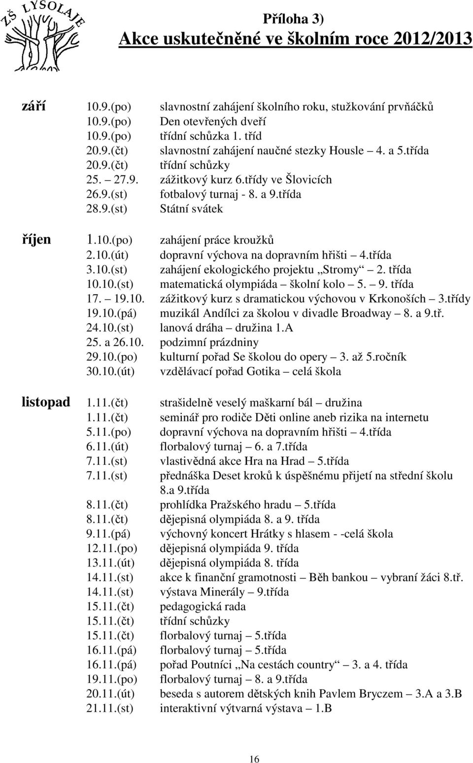 (po) zahájení práce kroužků 2.10.(út) dopravní výchova na dopravním hřišti 4.třída 3.10.(st) zahájení ekologického projektu Stromy 2. třída 10.10.(st) matematická olympiáda školní kolo 5. 9. třída 17.