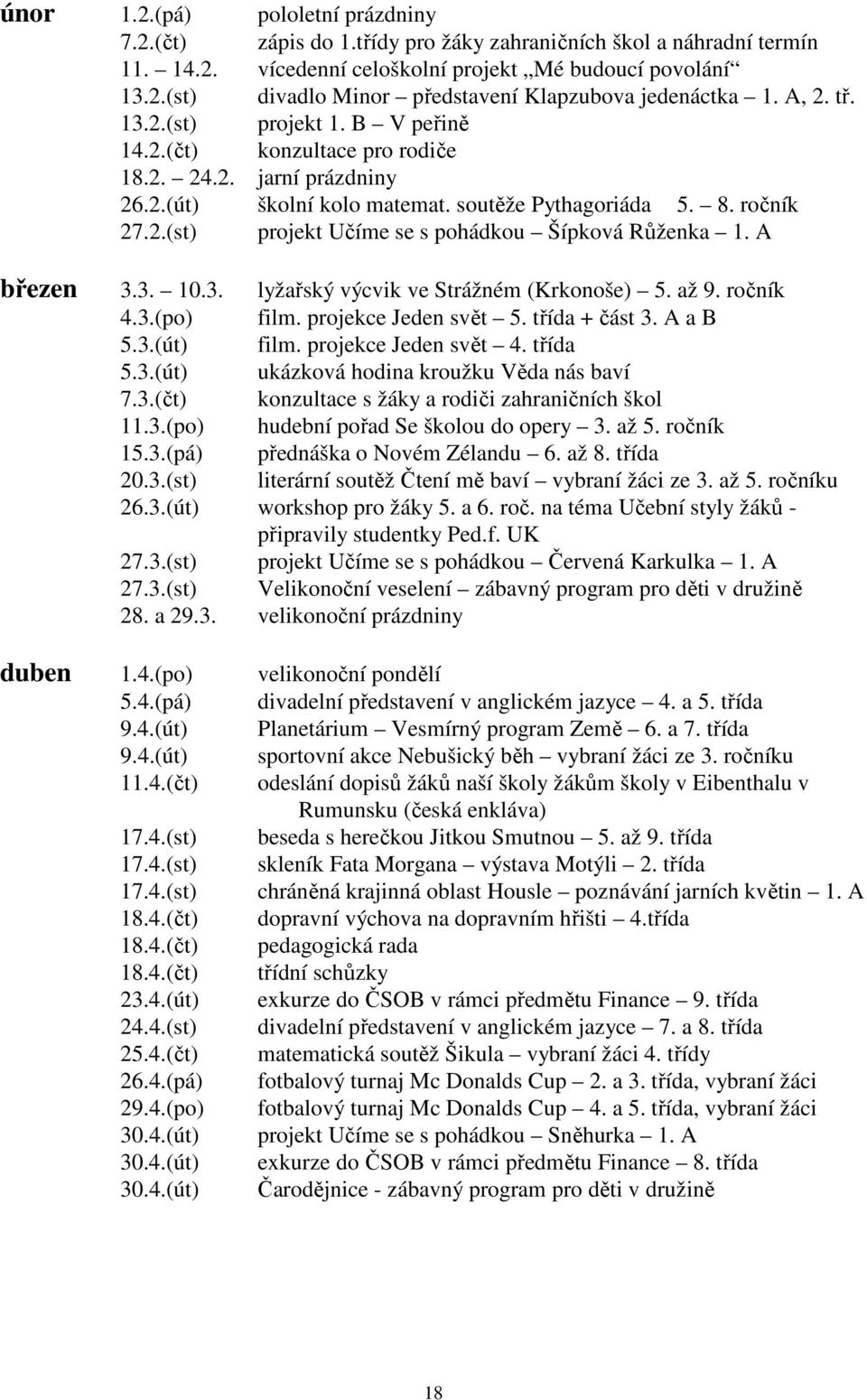 A březen 3.3. 10.3. lyžařský výcvik ve Strážném (Krkonoše) 5. až 9. ročník 4.3.(po) film. projekce Jeden svět 5. třída + část 3. A a B 5.3.(út) film. projekce Jeden svět 4. třída 5.3.(út) ukázková hodina kroužku Věda nás baví 7.