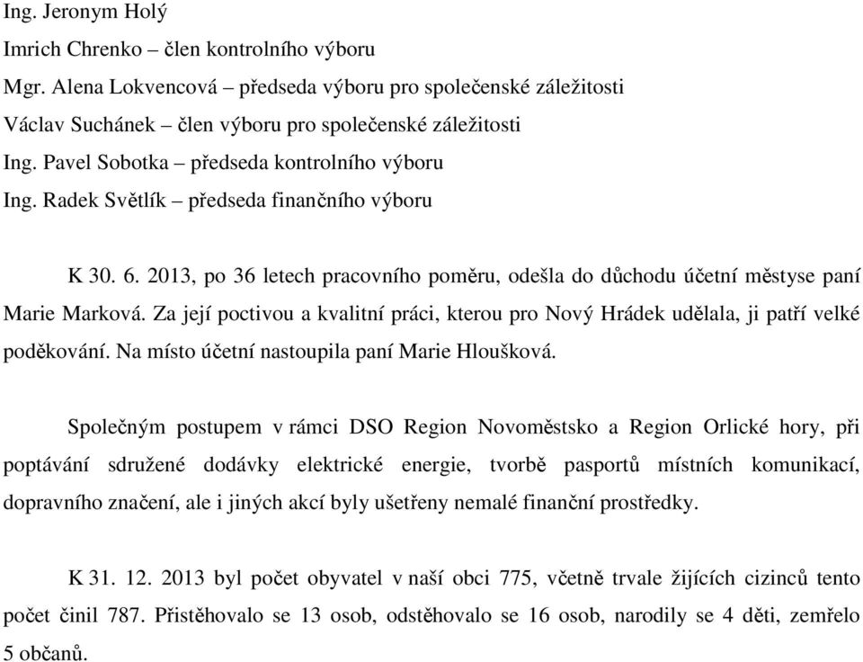 Za její poctivou a kvalitní práci, kterou pro Nový Hrádek udělala, ji patří velké poděkování. Na místo účetní nastoupila paní Marie Hloušková.