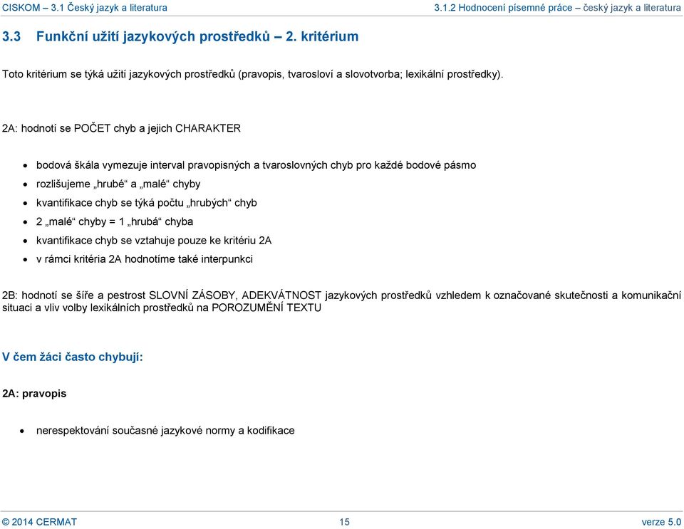 hrubých chyb 2 malé chyby = 1 hrubá chyba kvantifikace chyb se vztahuje pouze ke kritériu 2A v rámci kritéria 2A hodnotíme také interpunkci 2B: hodnotí se šíře a pestrost SLOVNÍ ZÁSOBY, ADEKVÁTNOST