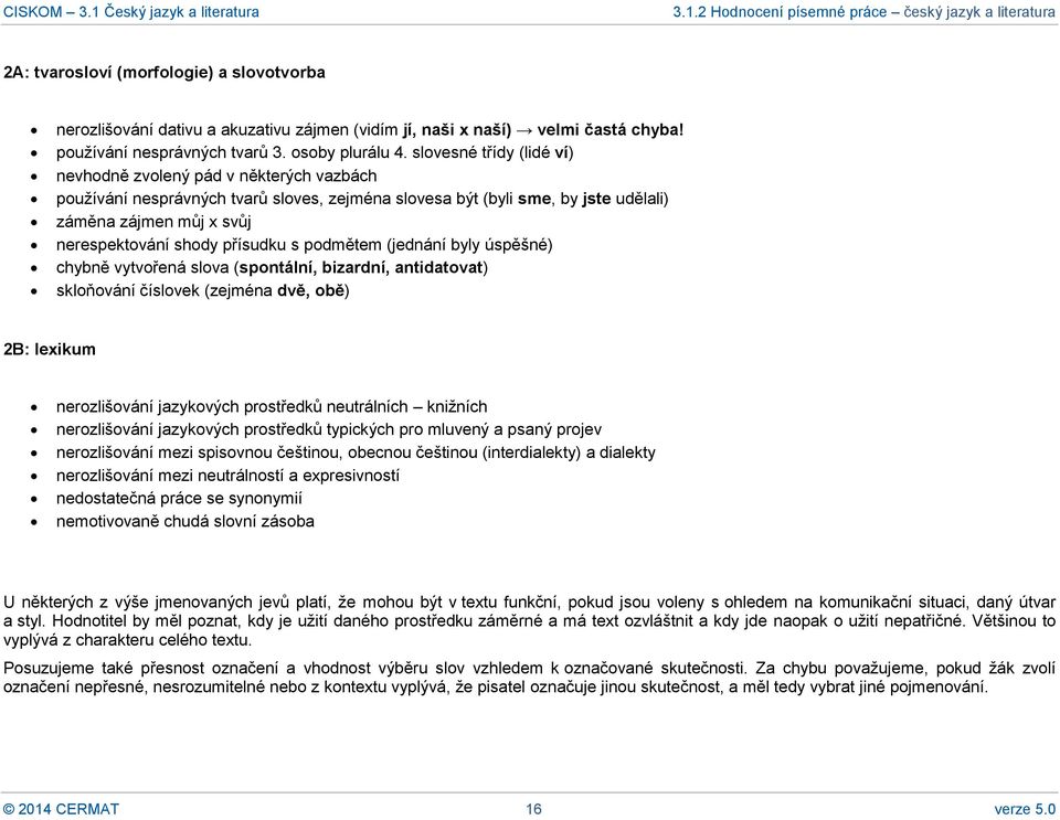 přísudku s podmětem (jednání byly úspěšné) chybně vytvořená slova (spontální, bizardní, antidatovat) skloňování číslovek (zejména dvě, obě) 2B: lexikum nerozlišování jazykových prostředků neutrálních