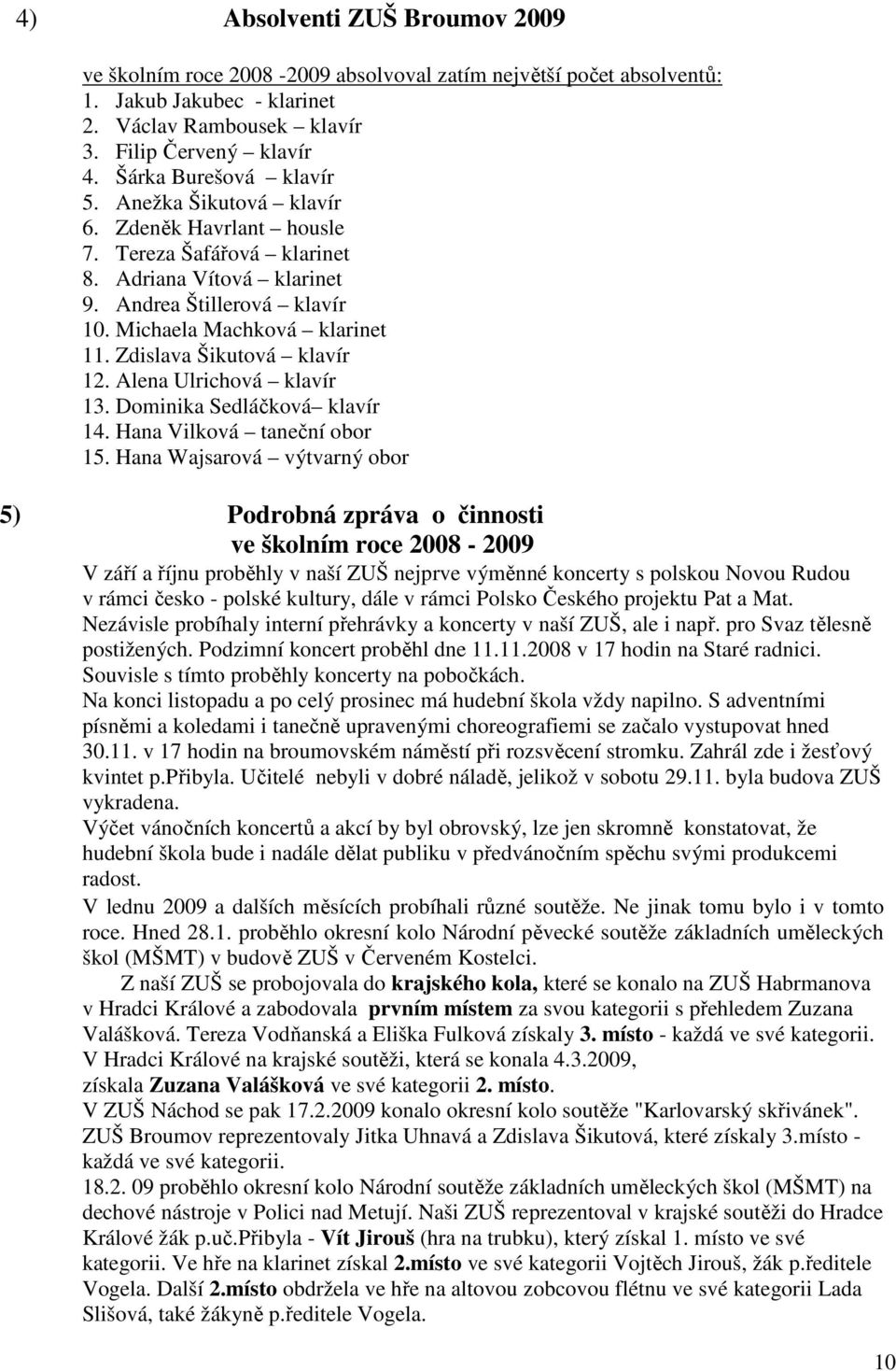 Zdislava Šikutová klavír 12. Alena Ulrichová klavír 13. Dominika Sedláčková klavír 14. Hana Vilková taneční obor 15.